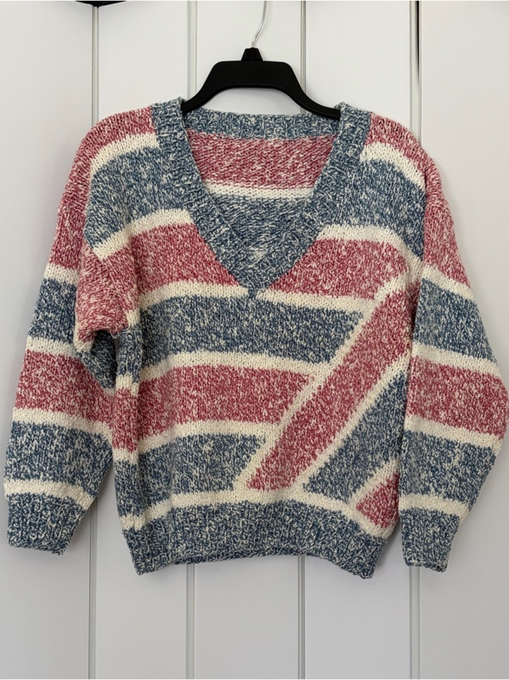 Striped V-Neck Sweater in‎ Blue, Pink & Cream